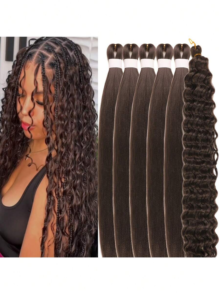 Trecce sintetiche per extension capelli, premestrizi, marrone scuro, a lunga treccia, resistenti al calore, 66 cm, fibra sintetica professionale, treccia a crochet, e trecce sintetiche a onde oceano morbide nere, 76 cm, riccio treccia a crochet, 5 pezzi da 90g e 1 pezzo, adatte per uso quotidiano, vacanze e cosplay