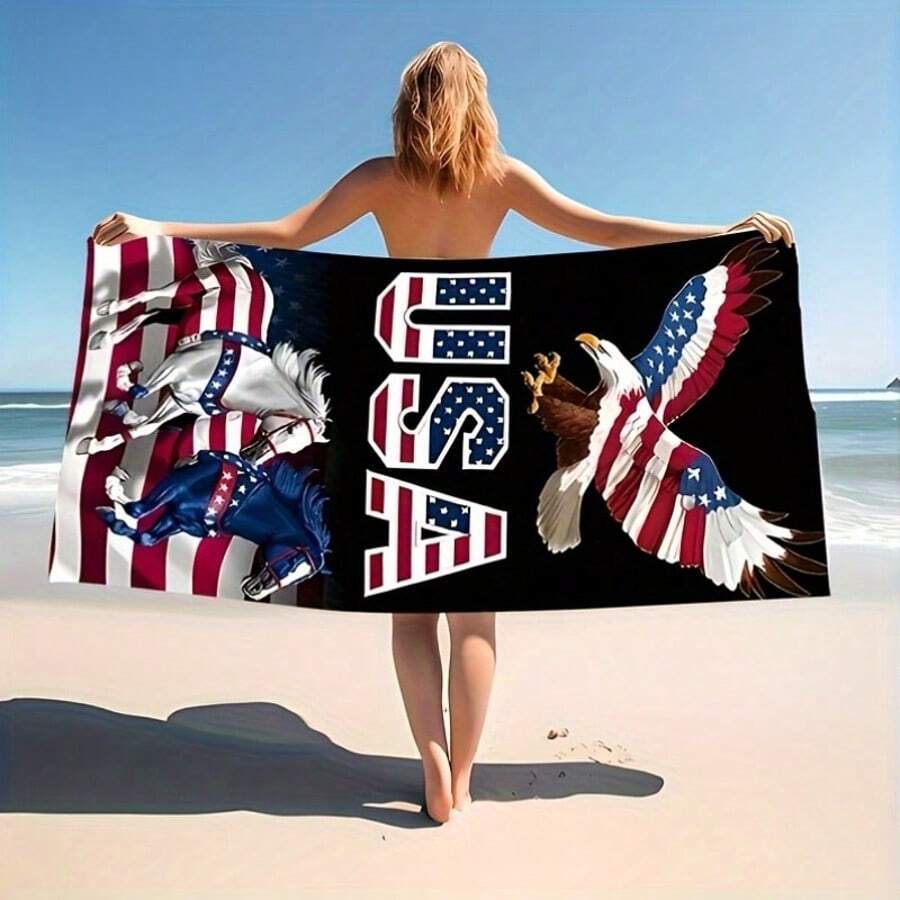 1 American Flag Patriotic Beach Towel With Cool Eagle Pattern, Super Absorbent, Lightweight, Quick Drying, Soft And Comfortable - Suitable For Beach, Swimming, Yoga And Running, Suitable For St. Patrick, Eid, Carnival, Easter Beach Gift