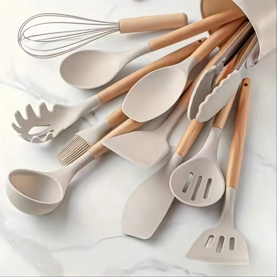 12 pièces Ensemble d'ustensiles de cuisine en silicone avec manches en bois et boîte de rangement, kit d'outils de cuisine antiadhésifs, comprenant une spatule, une cuillère à égoutter, une louche, un pinceau, des pinces, un fouet
