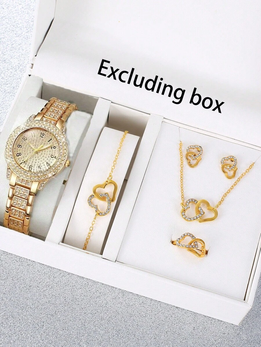 Conjunto de 6 peças de relógios e joias de quartzo de aço inoxidável com incrustações de diamantes da moda para mulheres (sem caixa)