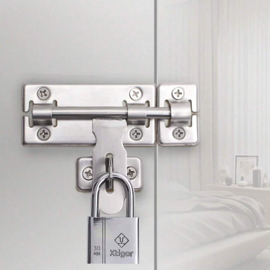 4" Slide Door Bolt Lock, Stainless Steel Burglar-Proof Door Latch, Wooden Door Lock Hasp, Thickened Double-Direction Door Latch Lock Set With Padlock Suitable For Wooden Doors And Windows, Ensuring Privacy And Security