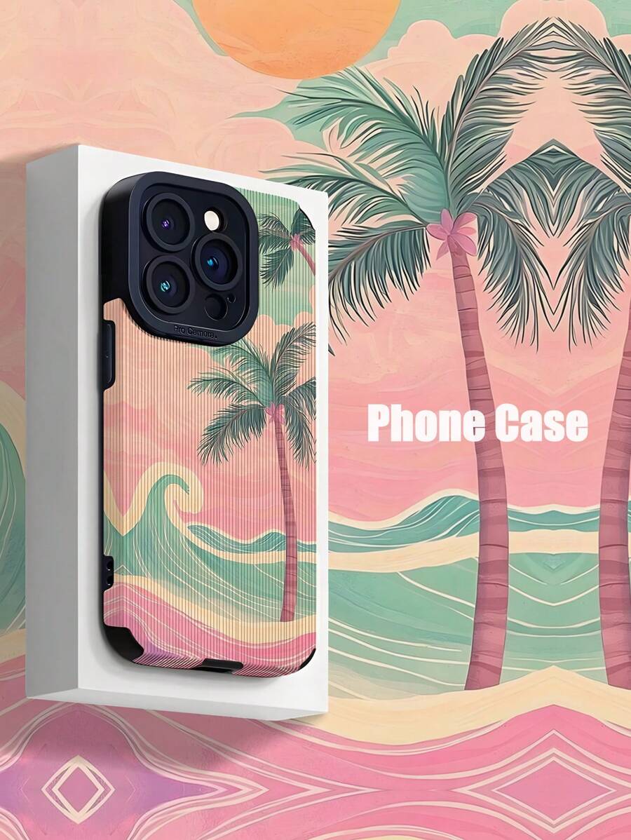 1 Stück süßer rosa & grüner Wellen & Palmen gestreifter Kunstleder schockfester weicher Handyhülle kompatibel mit iPhone 16/16 Plus/16 Pro/16 Pro Max