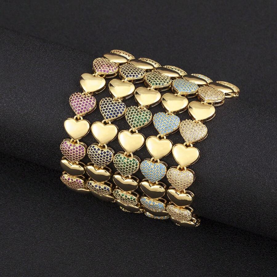 1pc Colorful Cubic Zirconia 18K Gold Plated Copper Heart Chain Bracelet, Luxury Jewelry, Minimalist Design, Gift For Lover/Best Friend