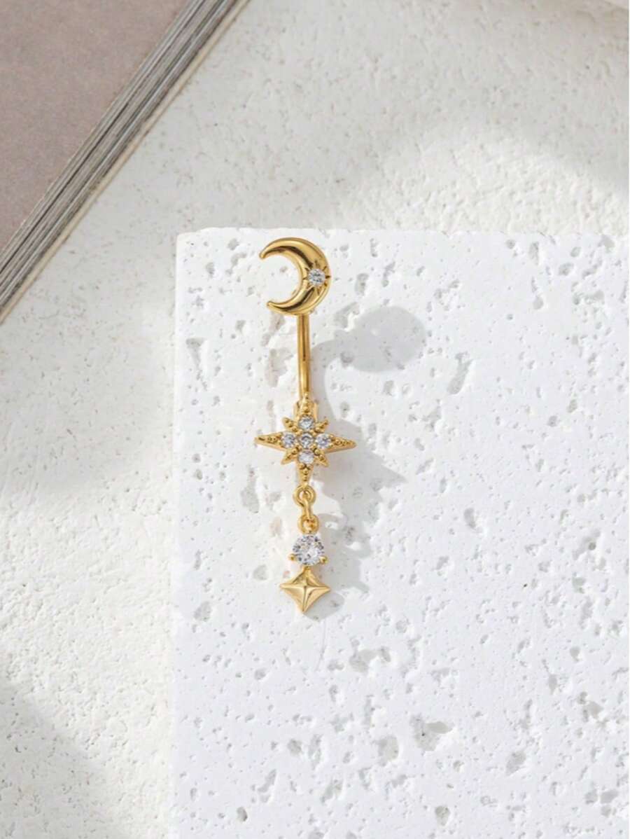 1pc Zirconia Star & Moon Navel Ring, Women's Party Daily Jewelry Festival Accessory Gift
