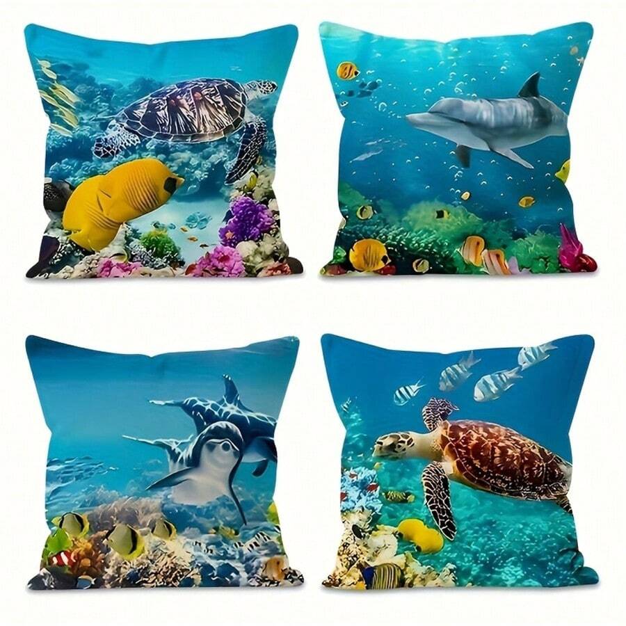 4 pièces, Taie d'oreiller thème de la vie marine côtière, Housse de coussin décorative thème de l'océan bleu, Convient pour la chambre à coucher, le canapé ou la décoration du salon, Sans âme de coussin, 100% polyester, 16x16 18x18 20x20 pouces, Impression unilatérale.