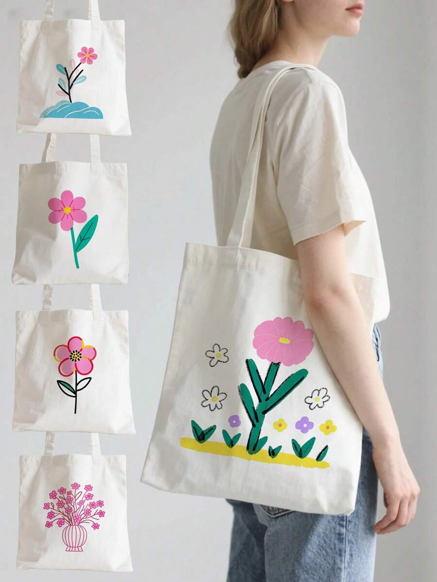 1pc Plant Flower Simple Fashion Canvas Print Handbag Shoulder Bag Tote Bag, Portable Storage Bag, Gift Packaging Bag, Laundry Bag, School Use, Home Decoration, Book Notebook Storage Bag, Snack Bag, Gift Storage Bag, Daily Necessities Storage Bag, Travel Storage Bag, Birthday Gift, Teacher Gift, Back To School Gift, Graduation Gift, Thanksgiving Gift, Christmas Gift, New Year Gift, Gift Essential, Washable And Reusable