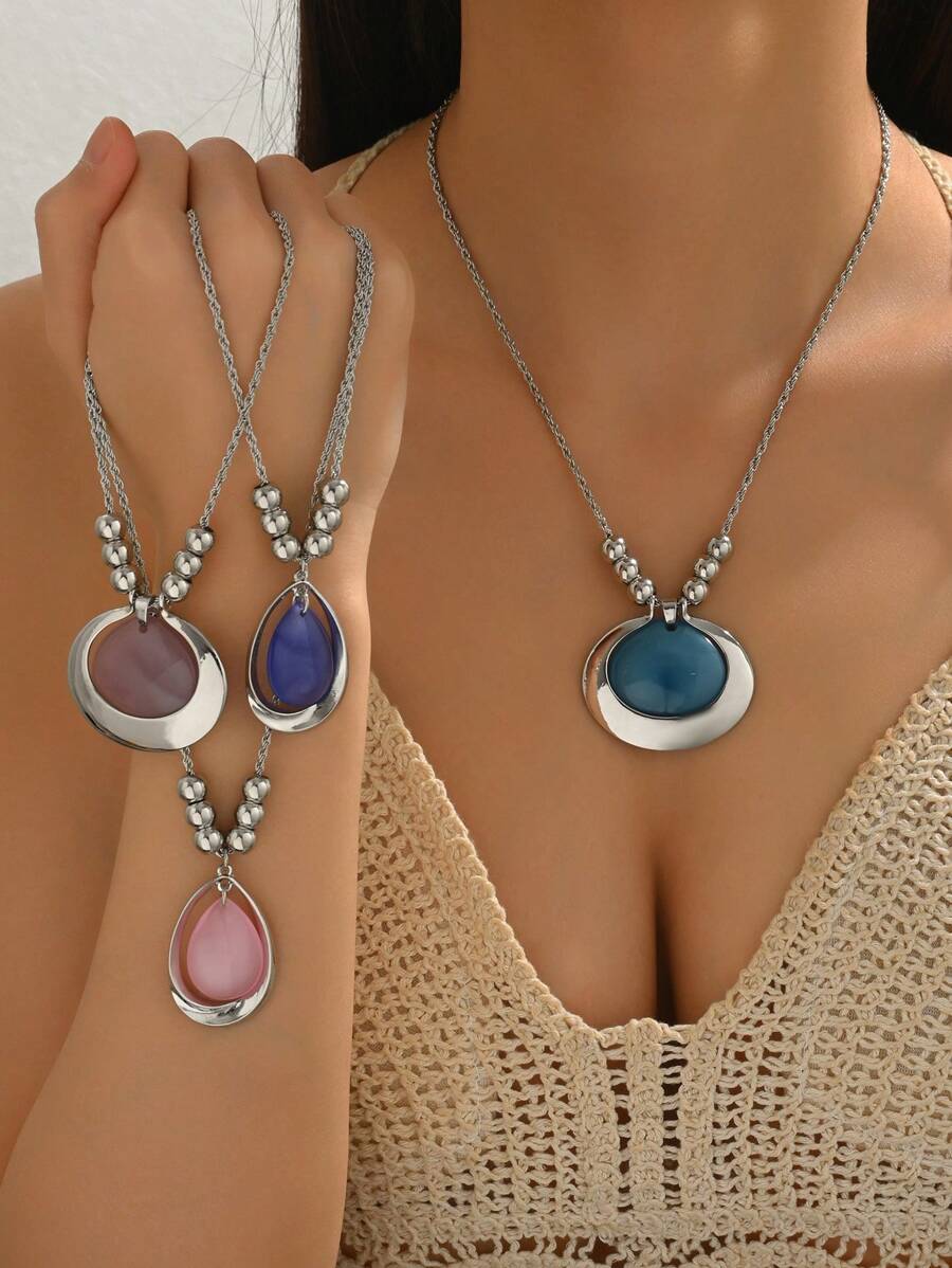 1pc Fashionable Minimalist Bohemian Beaded Resin Water Drop Asymmetrical Geometric Design Pendant Necklace For Women, Suitable For Summer Casual, Beach, Party, Dating, Gift, With Adjustable Extension Chain