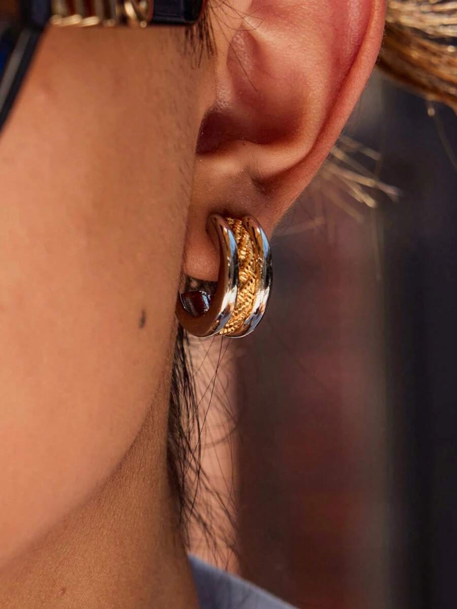 Fashion Classic Two Color Thread Three Layer C-Shaped Ear Studs Stainless Steel Fried Dough Twists Earrings Women's Jewel 