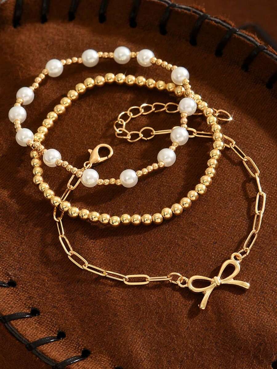 3pcs/Set Elegant Butterfly Pearl Decor Multi-Layer Bracelet Set, Women Party Date Daily Accessory Gift