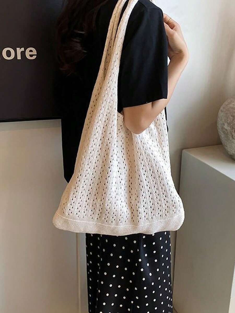 Distinctive Mori Style Knitted Tote Bag - Casual Lightweight Shoulder Handbag With Foldable Design, Boho Crochet Tote Bag - Fashionable Summer Beach Shoulder Bag With Beige/Ivory Hollow Weave Design, Suitable For Women, Art, Shopping Bag, Cute Y2K Crochet Bag For Casual Outings And Relaxation, Beach Bag With Lovely Love Pattern Knitted Shoulder Bag, Suitable For School, Travel, Shopping