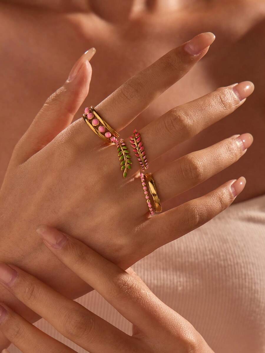 Set de 3 anillos de acero inoxidable de color dorado con diseño de espiga, de estilo sencillo y elegante, adecuado para uso diario de mujeres o como regalo