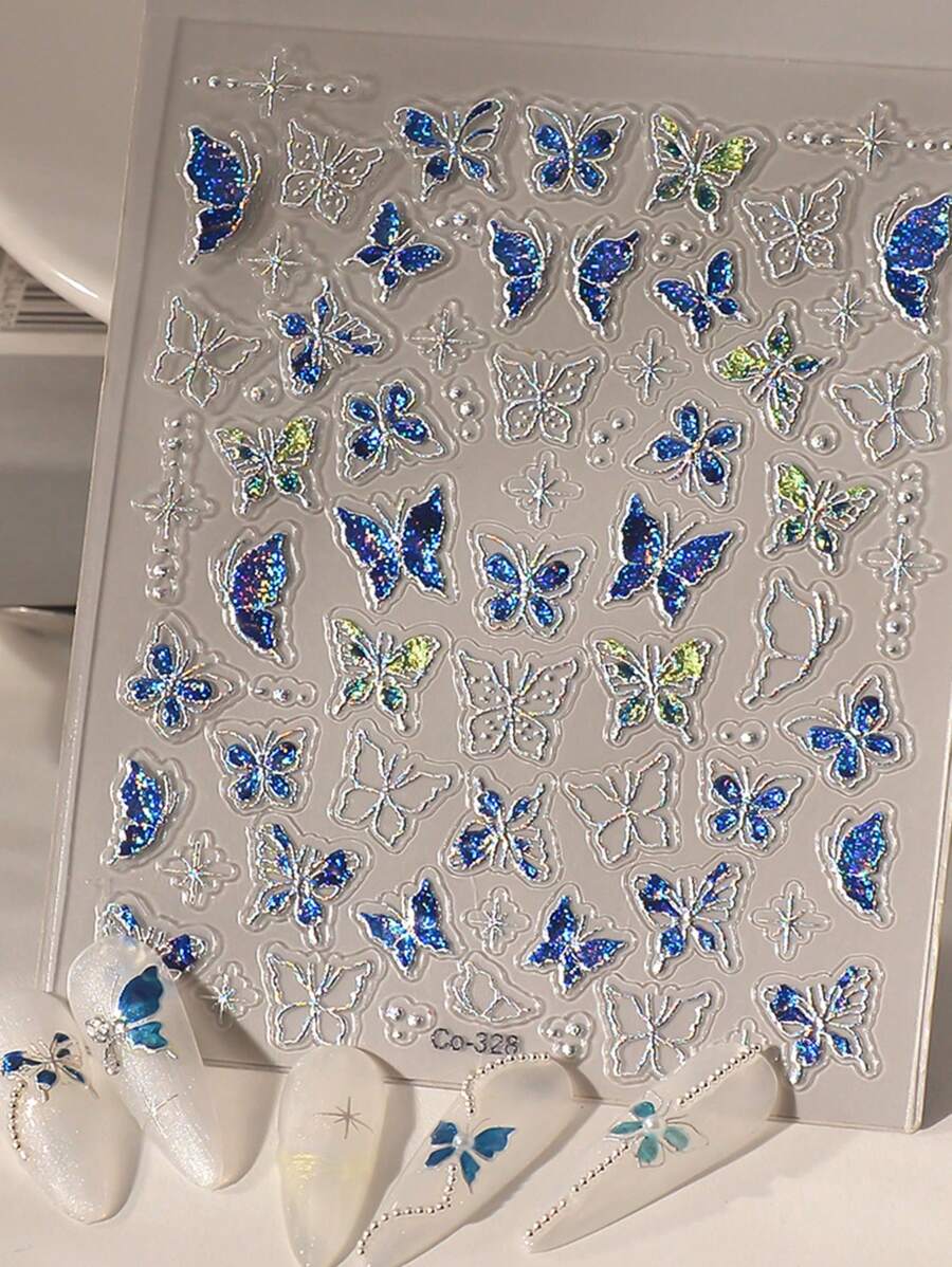 1pc 3D Metallic Blue Butterfly Nail Art Sticker, Nail Decor For New Year, Wedding, Party
