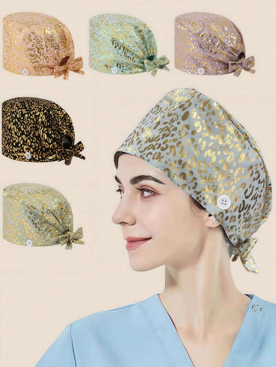 1 pieza Gorra de trabajo de mujer de algodón con estampado de leopardo con aplicación de lámina, antimicrobiana y antipolvo, adecuada para enfermeras, esteticistas, limpieza y trabajadores de saneamiento en instituciones médicas