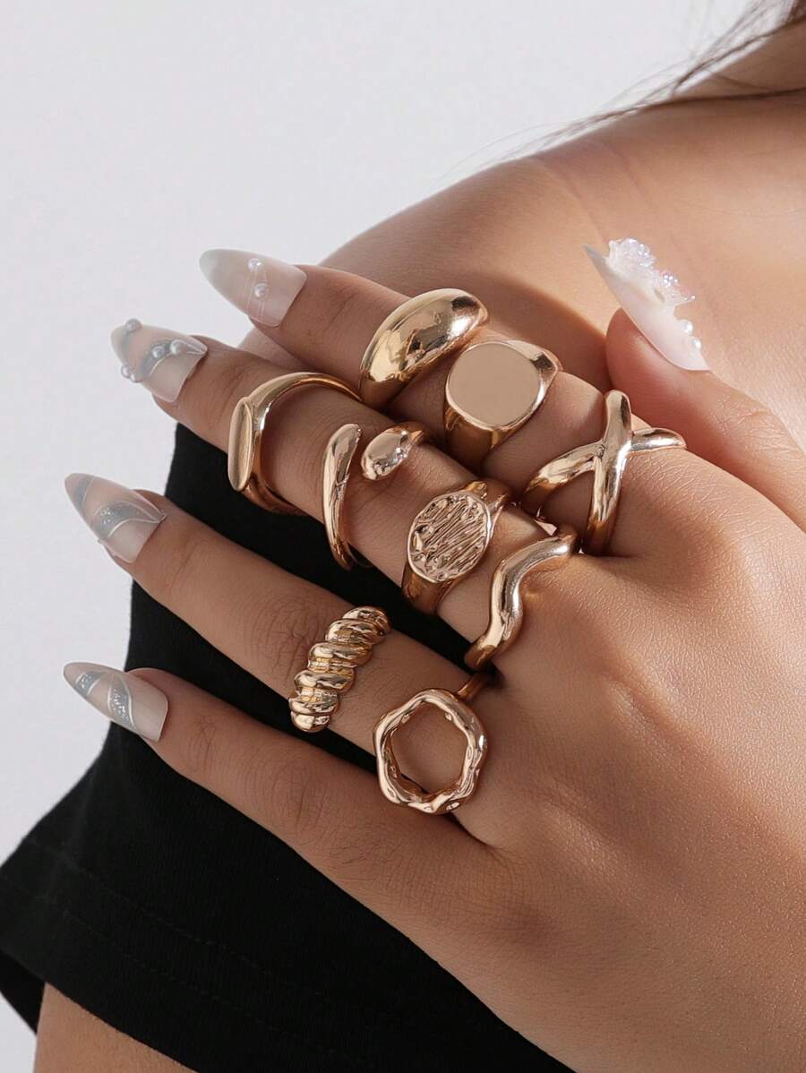 9pcs/Set Geometric Hollow Spiral Design Alloy Rings, Simple Ladies Finger Rings, Suitable For Daily Wear Or Festivals