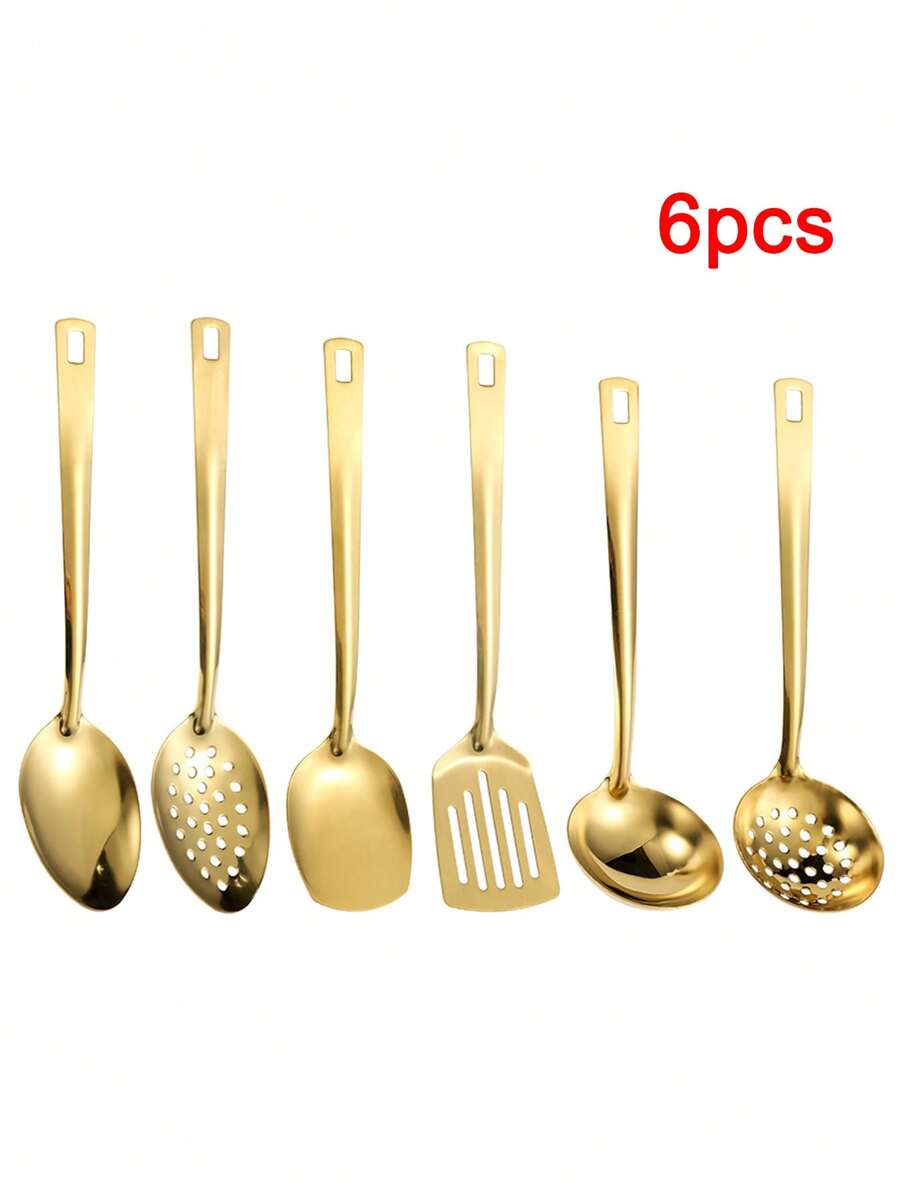 6 pièces Set d'ustensiles de cuisine en acier inoxydable, comprenant une cuillère, une cuillère à fentes, une spatule à fentes, une louche, une spatule, une louche à soupe ; en alliage chrome, convient pour la décoration de mariage, la décoration d'Halloween, les fournitures scolaires, les enterrements de vie de garçon, les ustensiles de cuisine, les accessoires de cuisine, les articles de fête, le set de voyage, les cadeaux, les fêtes d'anniversaire, la remise des diplômes, le set d'outils de cuisine