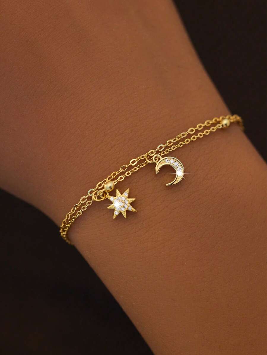 1 Peça Pulseira de Prata 925 com Estrela e Lua de Strass, Joias Minimalistas Românticas de Estrela e Lua, Acessórios de Design de Nicho, Adequados para Ir ao Trabalho, Encontros, Festas, Aniversário, Presente do Dia dos Namorados