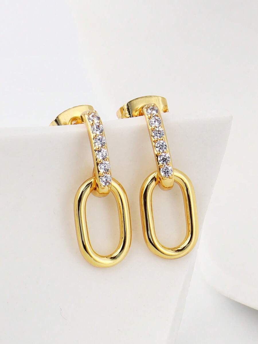 Charm-In 1 paire de boucles d'oreilles ovales à balancier plaqué or 18 carats avec zircone, cadeau de qualité pour femmes, Saint-Valentin