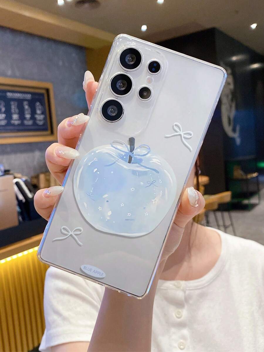 1 Stück blaue Schleifen Kristall Apfel Muster transparente TPU Handyhülle, stoßfest, kratzfest, fingerabdruckfest, mit Kameralinzenschutz, kompatibel mit Apple, Nothing, Pixel, INFINIX, Redmi