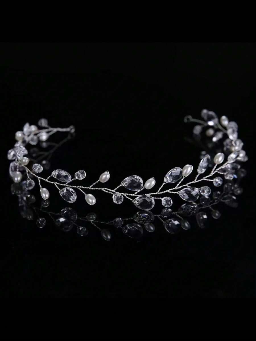 Handgefertigte europäische und amerikanische luxuriöse Braut Kopfband mit Kunstperlen und Kristallen, Hochzeitskleid Accessoires, weißer tropfenförmiger Haarclip, Haarschmuckkette, Haarschmuckschmuck