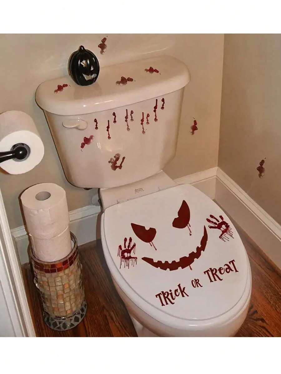 1 Set Halloween Bathroom Toilet Stickers, Holiday Horror Decor Stickers With Demonic Smile And Bloody Handprints, Self-Adhesive PVC Stickers For Room, Bedroom, Door, Wall, Toilet Lid, Suitable For Home, Bar Party, Restaurant Halloween Decoration Stickers, Seasonal Home Decor Stickers