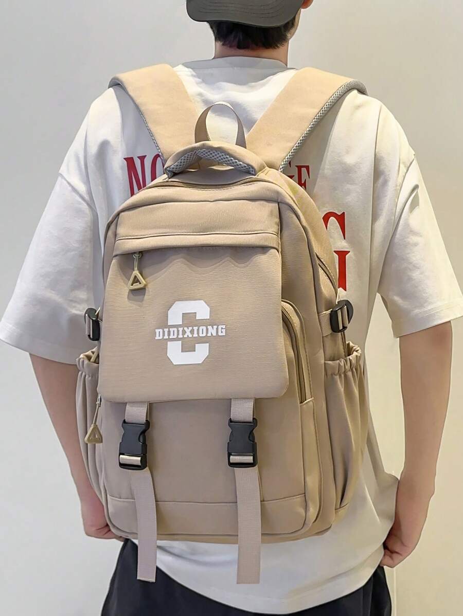 Large Capacity Water-Resistant Letter Print Flap Buckle Multi-Pocket Functional Backpack, Unisex Casual Campus Style School Student Travel Bag