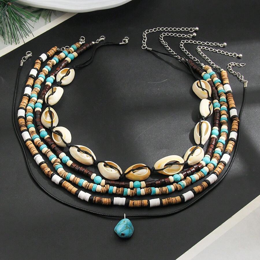 5pcs/Set Fashionable Women Vintage Style Shell, Turquoise & Coconut Shell Necklace Accessory, Beach Vacation Travel Decoration