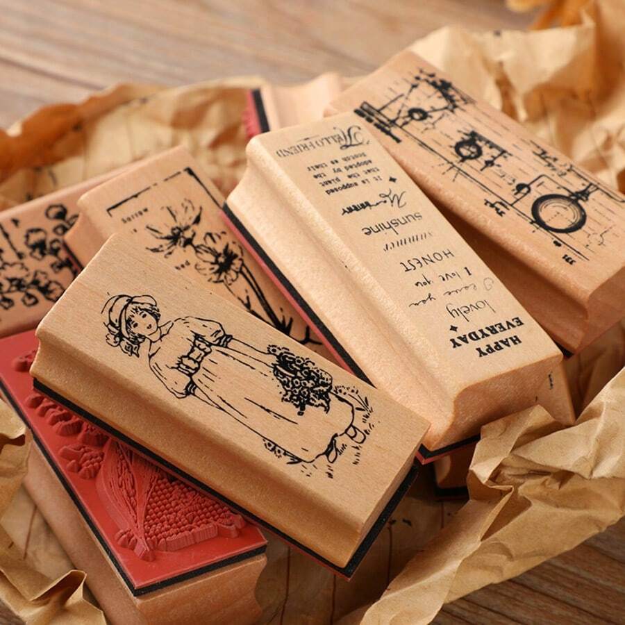 1/6 Stücke, vintage Blumenmädchen Dekoration Briefmarke Pflanze Gras Holz-Gummistempel für Scrapbooking Stationery DIY Handwerk Standard Siegel Kunstbedarf