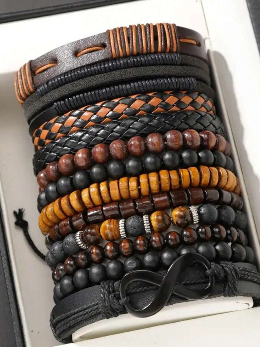 12pcs Multi-Color Men's Beaded Leather Bracelet, Retro Artificial PU Wood Bead Stone Handmade Beaded Elastic Cord Bracelet For Men, Birthday Gift, Daily Outfit, Christmas Gift