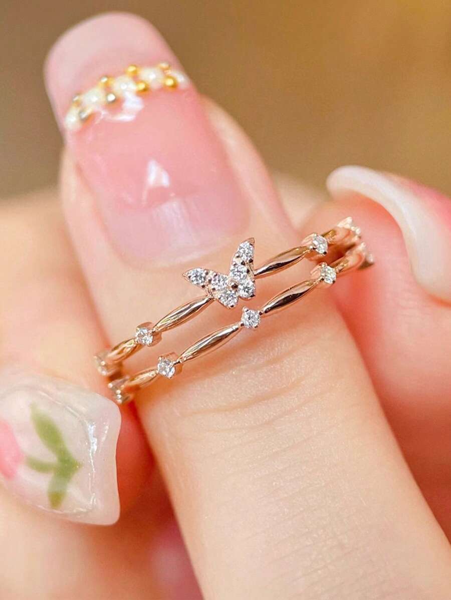 1 pieza Anillo de doble capa elegante de plata de ley 925 con diseño de mariposa y circonita cúbica, joyería de moda para uso diario/fiesta, regalo para mujeres