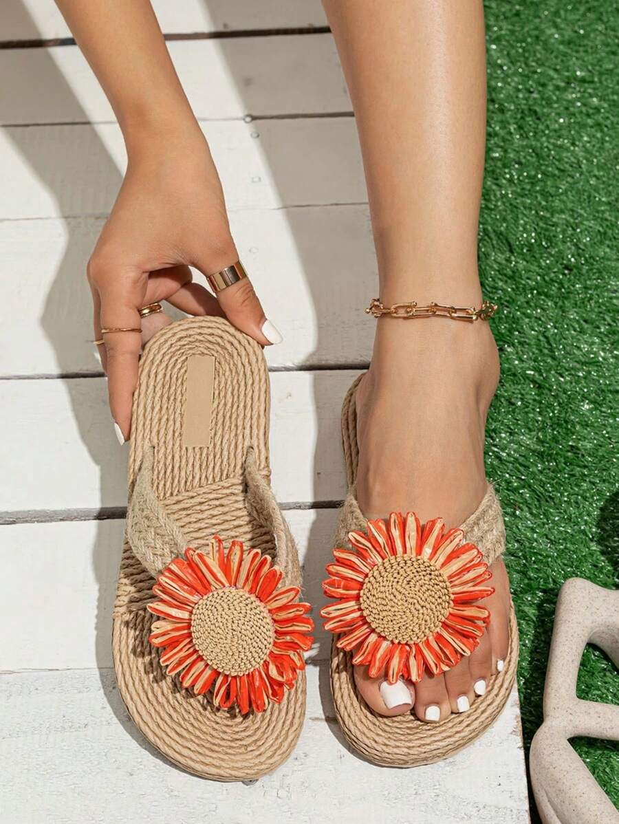 Chanclas de mujer de estilo moda con cuerda de paja, sandalias de playa bohemias cómodas de verano con girasol trenzado, suela blanda EVA, tipo chanclas para uso casual y en casa en vacaciones