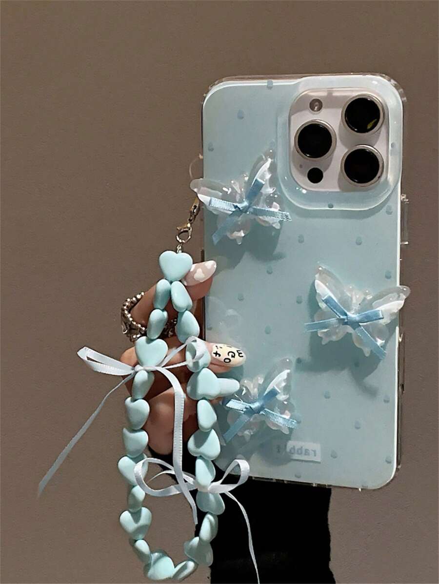 Funda de teléfono suave con diseño estético de mariposas 3D y lunares, compatible con iPhone 16 14 15 13 11 12 Pro Max 16 15 14 Plus, con carcasa trasera con pulsera con corazón precioso