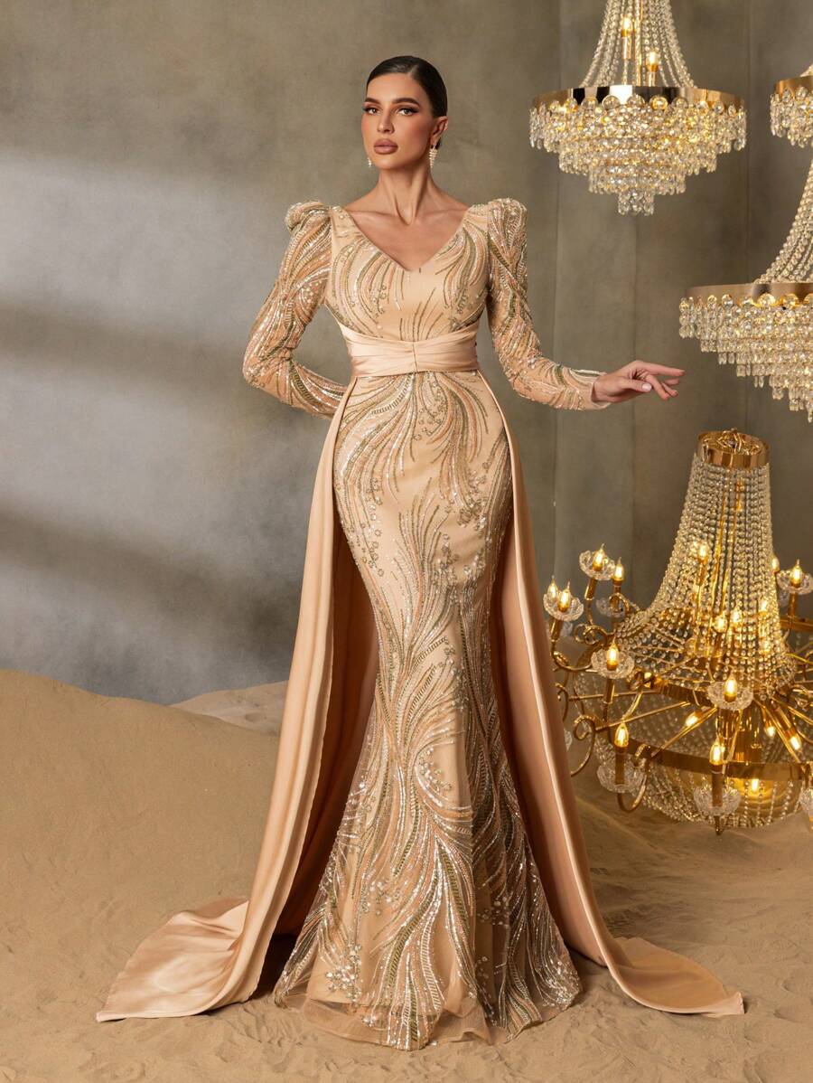 Faeriesty Faeriesty Luxury Beaded Mermaid Evening Gown With V-Neck, Strappy Back & Satin Trains - Formal Dress For Luxury Galas, High-End Parties & Red Carpet Glam