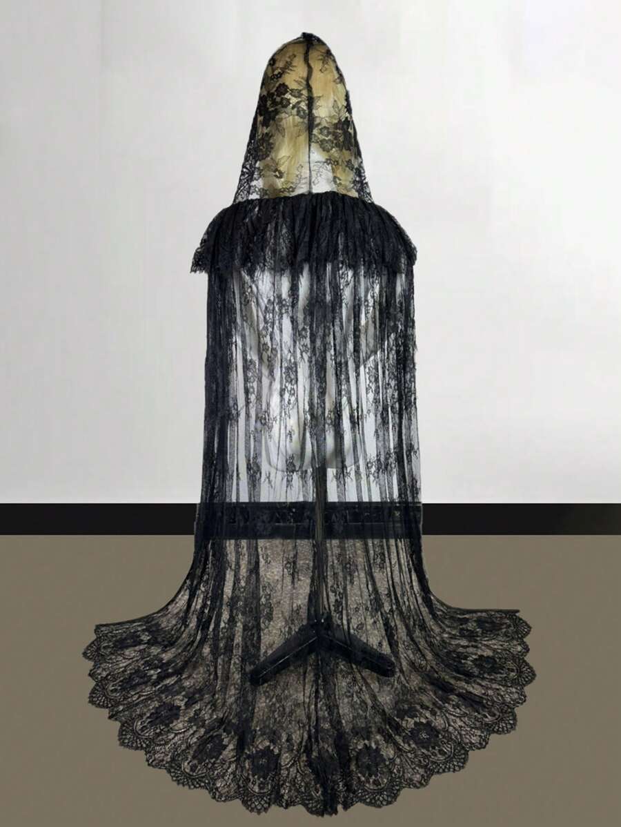 1pc Lace Hooded Cape Shawl, Black/White, For Wedding Bride, Holiday/Party Dress-Up