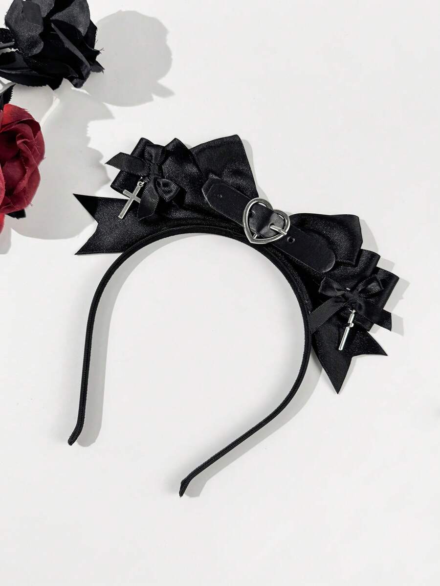 1pc Gothic Style Women Fashion Accessories Set, Including Elegant Cross & Heart Buckle Belt, Bowknot Hairband, Suitable For Daily Commute, Festivals, Birthday Party, Travel, Photography - A Great Gift For Best Friend, Bow Accessories, Black Hair Accessories, Halloween Accessories ,Hair Accessories