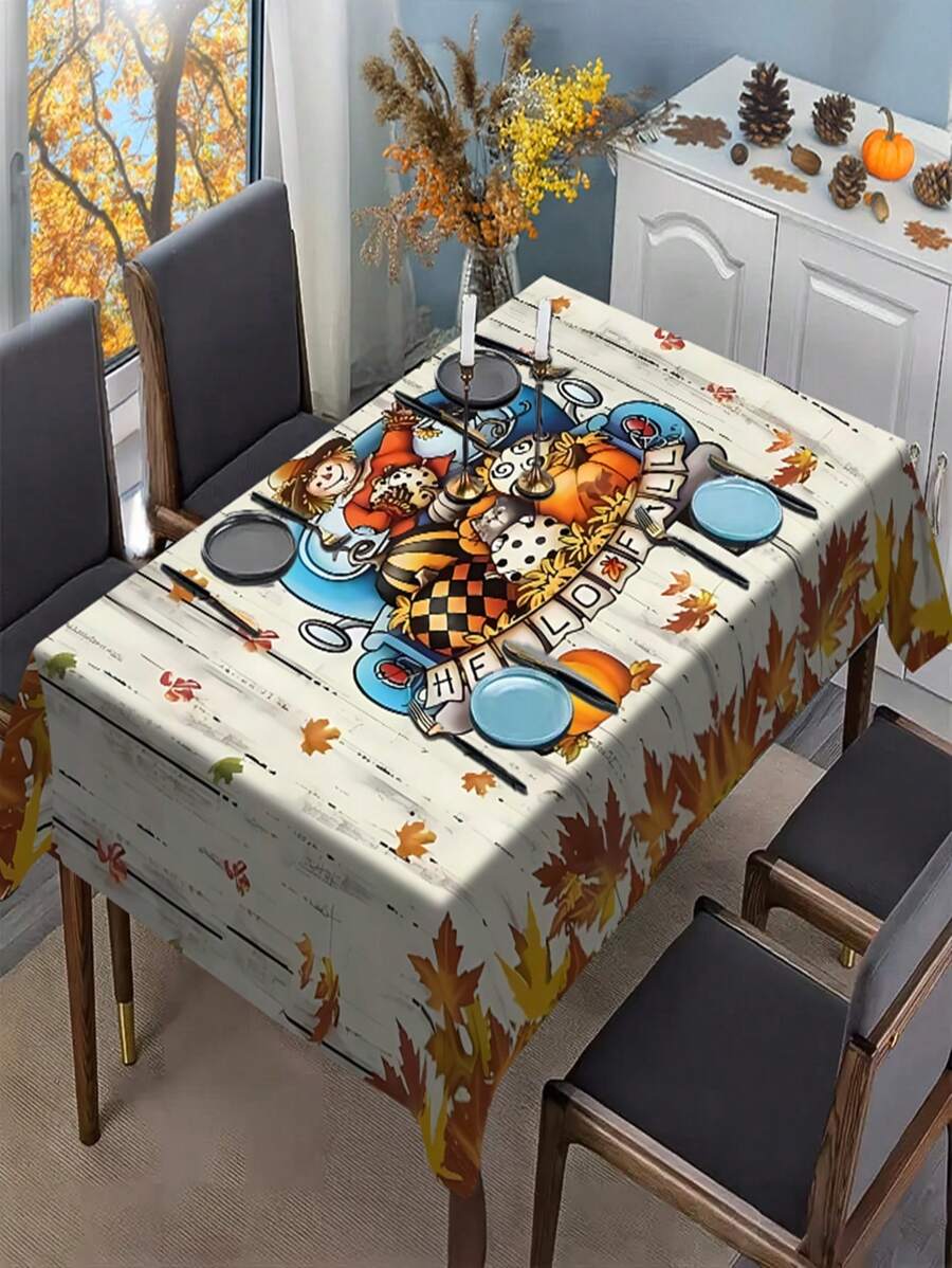 1/20pcs Autumn Harvest Festival Thanksgiving Themed White Background Maple Leaf And Cartoon Character Pumpkin Pattern Tablecloth, Suitable For Indoor And Outdoor Gatherings, Is The Perfect Choice For Autumn Harvest Decoration.