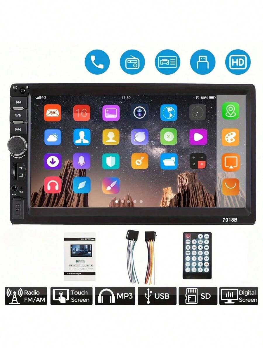 17.78 Cm Double Din Car Stereo , MP5 Media Player With A Digital Touch Screen, USB/TF/AUX Inputs, 2 Din Autoradio With Mirror Link, And Portable Media Players With IR Remote Control, Without Battery