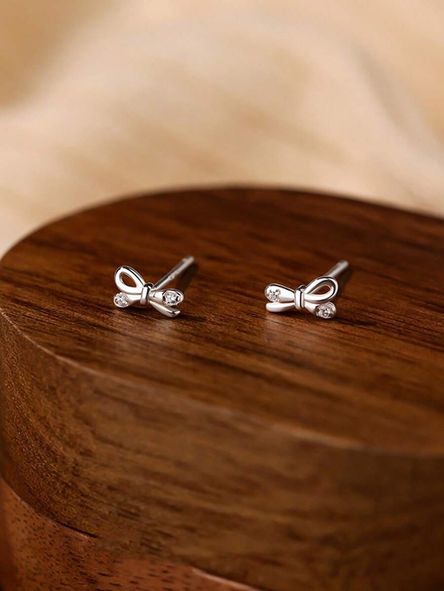 Pendientes tipo botón de mini arco de plata de ley 925 con circonita, elegantes y versátiles para uso diario, adecuados como regalo para el Día de la Madre, novia, Pascua, Día de San Valentín