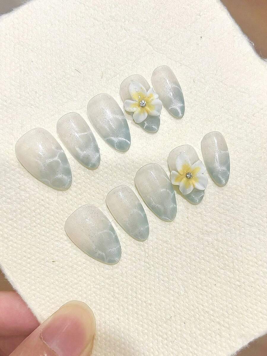 10PCS Green Handmade Press On Nails Short Almond And Oval Purely Hand-Wear Nails, Summer Nailssupplies, Glitter French Handmade Flower Cat Eye Nails Home DIY Nail Design Full Coverage Fake Nail Tips Artifical Fingernails For Women And Girls Manicure Supplies Office Daily Wear False Nails