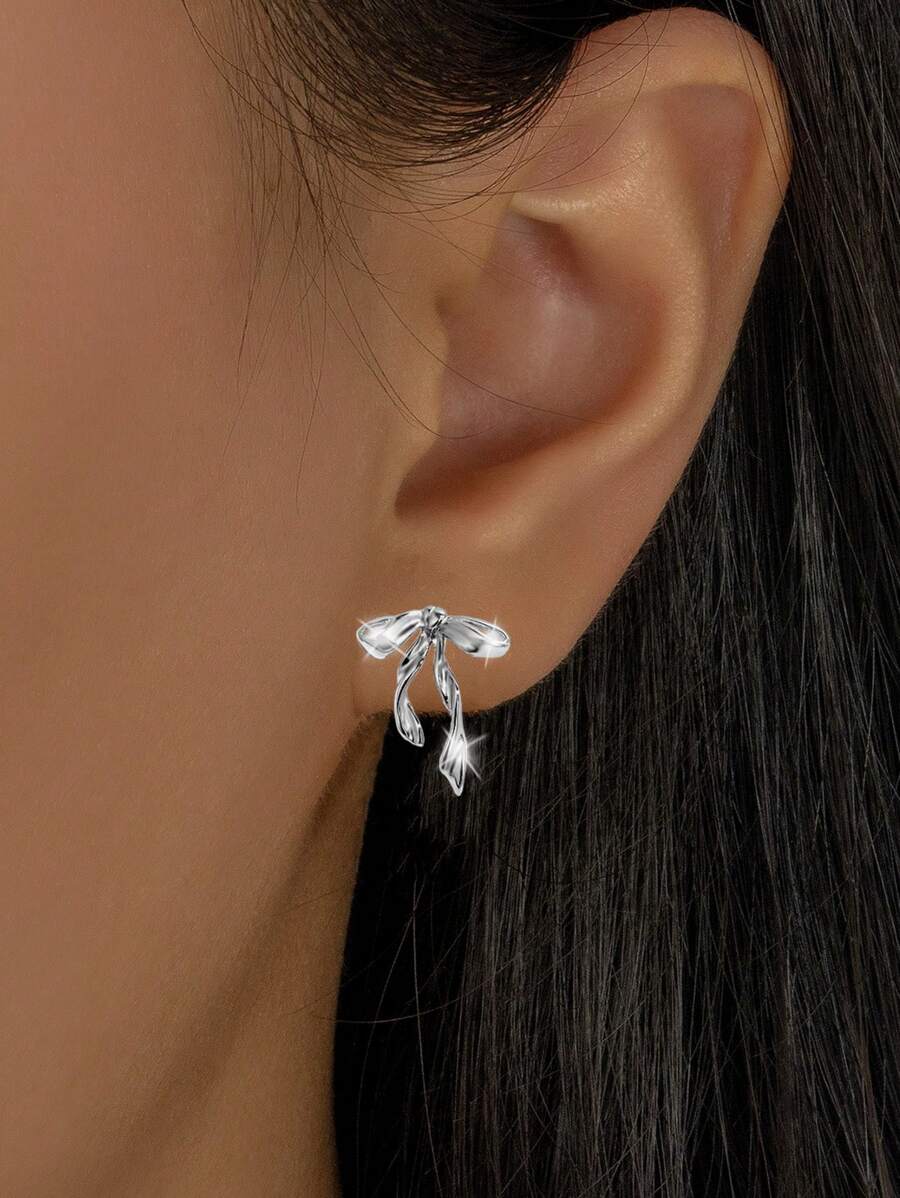 1 par de brincos elegantes, delicados e românticos de prata 925 com design de laço, adequados para mulheres, para combinar com festas, como presente