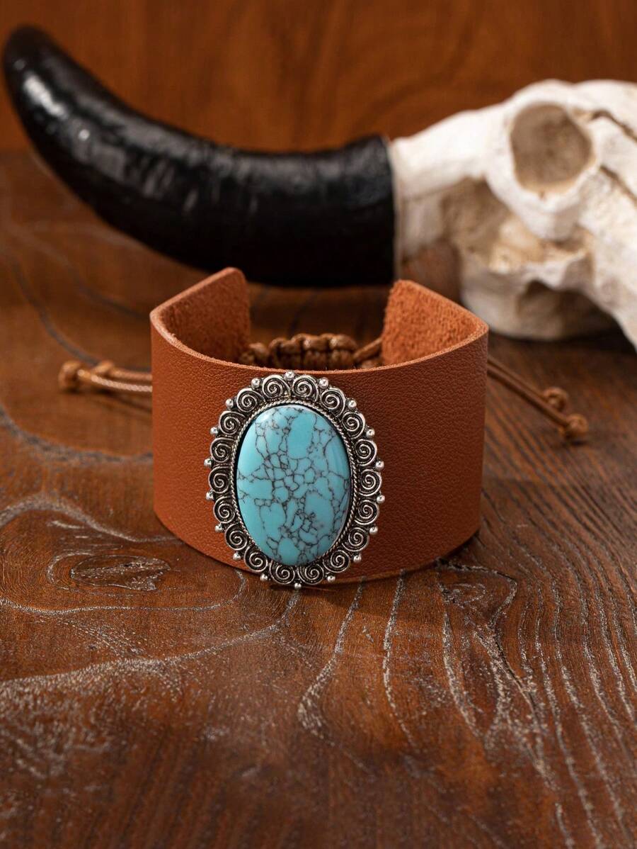 1 Pc Western Concho Decor PU Leather Wrist Cuff Bangle Bracelet , Cowgirl Style Jewelry
