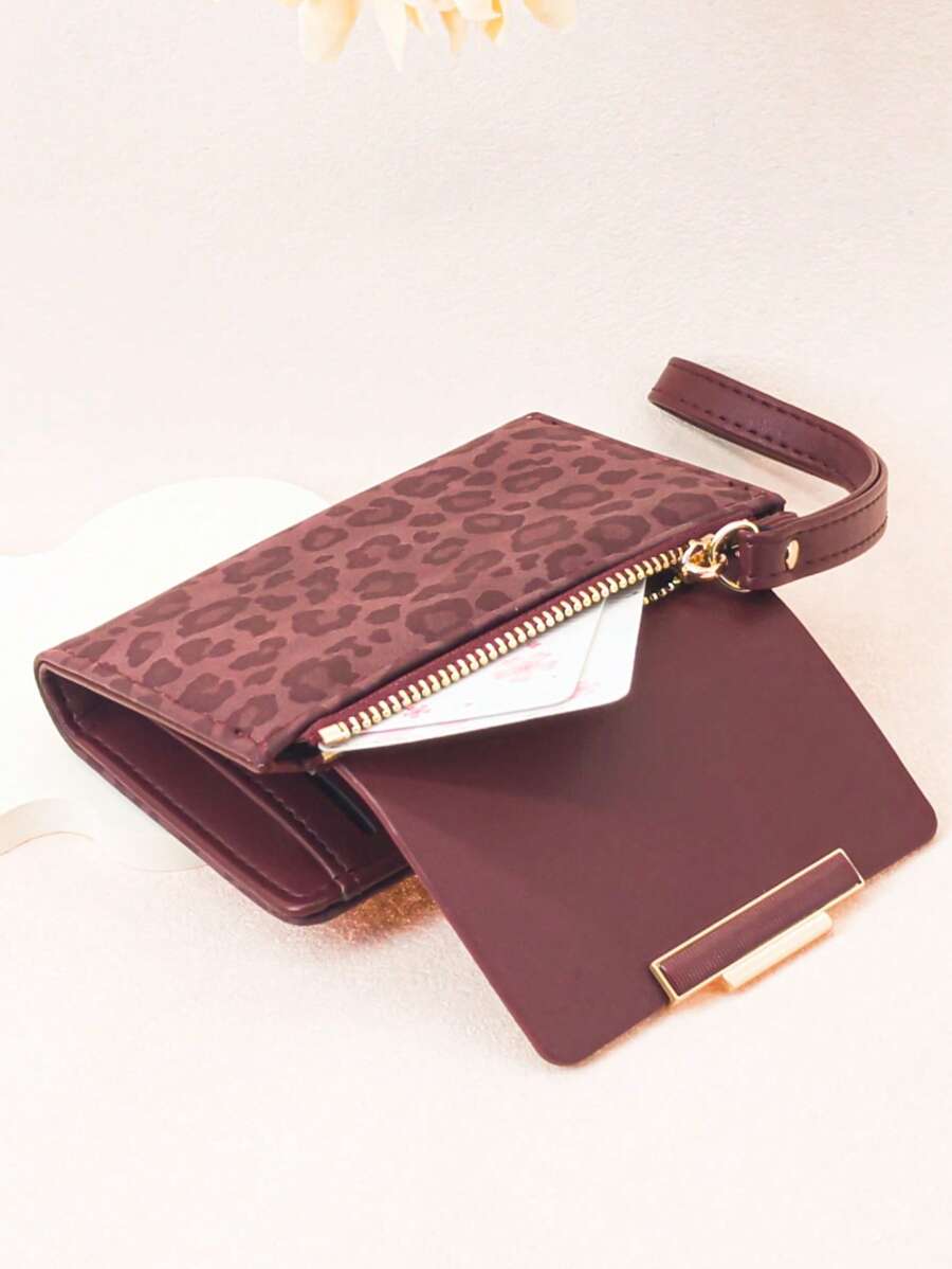 Carteira curta feminina patchwork com cores contrastantes, bolsa porta-cartões multifuncional com estampa de leopardo, elegante porta-moedas com zíper de grande capacidade e fecho de pressão para jovens estudantes, leve, estilosa e prática para transporte, adequada como presente de Natal