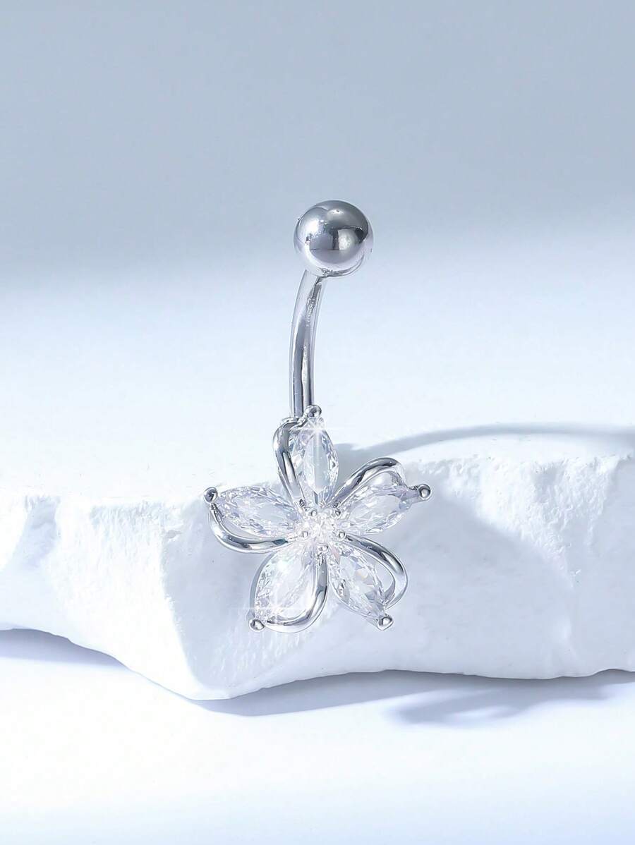 1pc Copper Plated Silver Exquisite Shiny Flower Zirconia Belly Button Ring, Very Suitable For Ladies To Wear Decoration At Gatherings And Parties