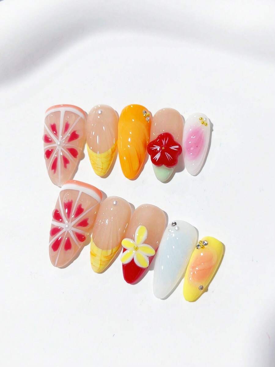 "10pcs Handmade Wearable Nail Art Set - Easy To Apply French Fruit Designs With Pearl Accent For Women And Girls, Perfect For Daily Life And Parties, Includes 2 Essential Tools"