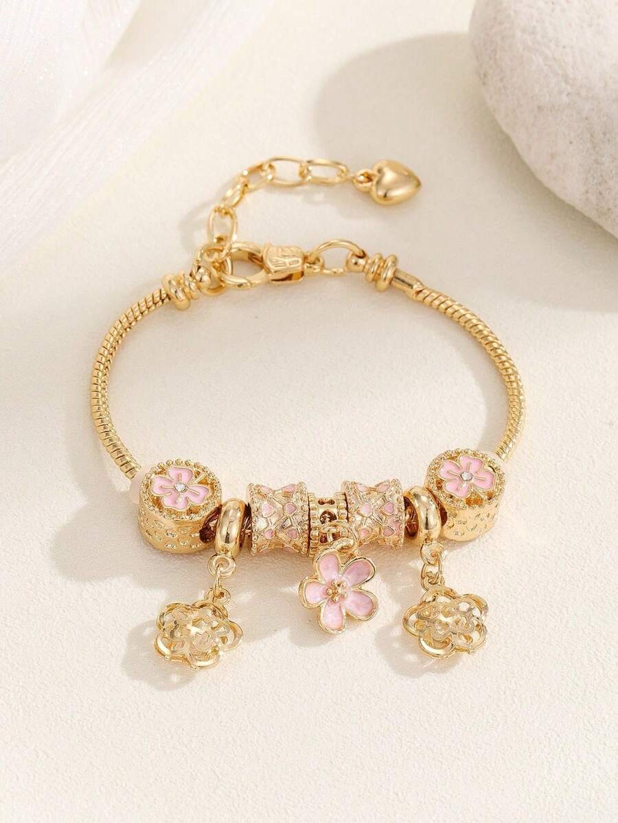 1 Piece Bracelets For Teen Jewelry Adjustable Simple And Fashionable Zinc Alloy Pink Flower Series Love Hollow Flowers DIY Beaded Bracelets