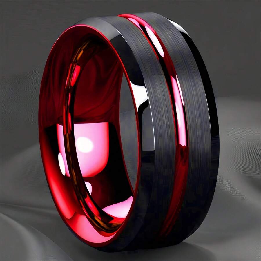1 Pc Fashion New Elegant Aristocratic Red Slot Men's Domineering Ring Stainless Steel Inlay Red Carbon Finger Ring Jewelry Gift