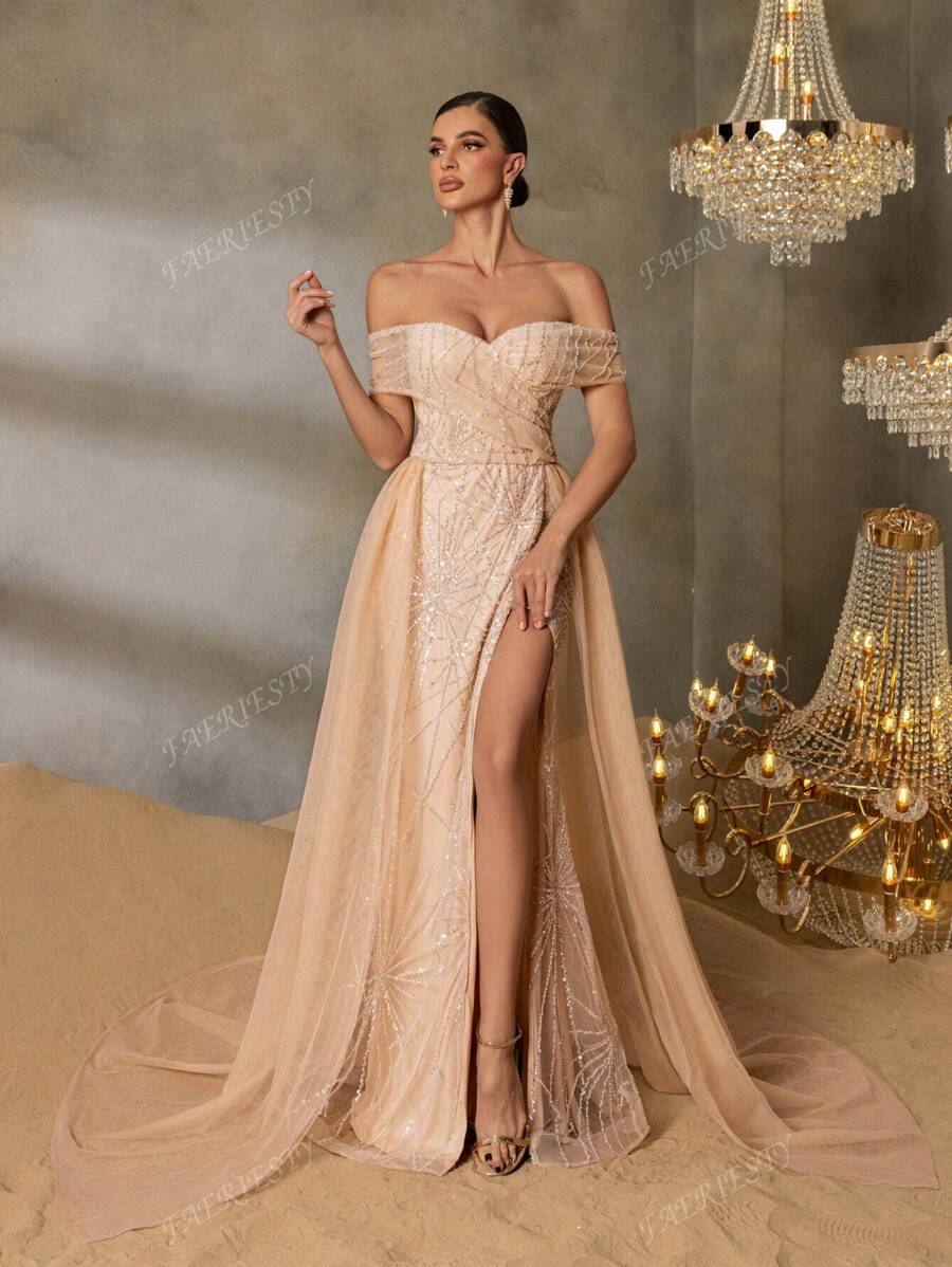 Faeriesty Faeriesty Chic & Glamorous Beaded Off-Shoulder Short Sleeve Maxi Party Dress With Layered Tulle Skirt And High Slit For Red-Carpet Galas, Black-Tie Dinners, Luxury Wedding Receptions, Exclusive Banquets, Formal Charity Events