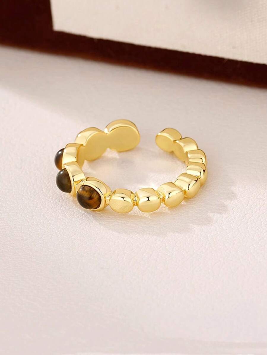 1pc Tiger Eye Stone Ring With Crushed Silver Design, Unique Classy Minimalist Jewelry, Accessory Gift