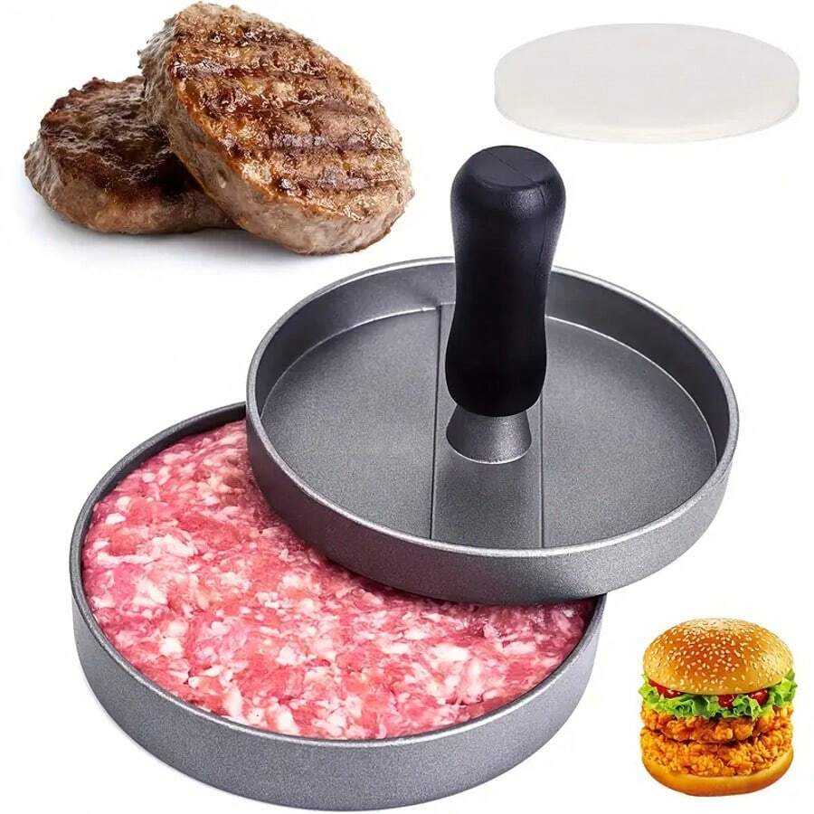 Stampo per hamburger in lega di alluminio - Utensile per realizzare hamburger e polpette di pollo fatti in casa, sandwich per la colazione - Strumento da cucina facile da usare per realizzare polpette dalla forma uniforme, stampo per hamburger, preparazione degli alimenti, include carta forno