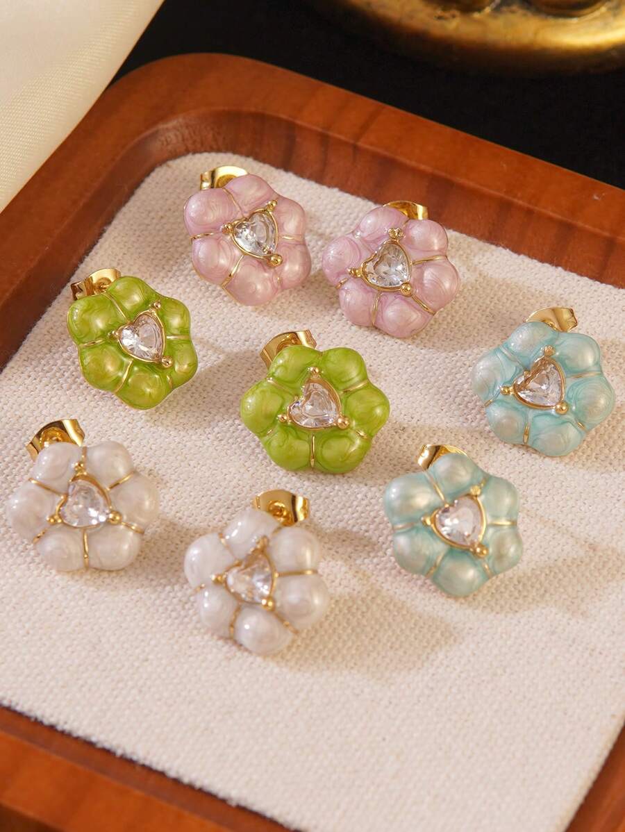 1pc Vintage Romantic Style Colorful Drop Oil Craft Embedded Heart-Shaped Glass Decor Flower Stainless Steel Earrings, Suitable For Women's Daily Wear