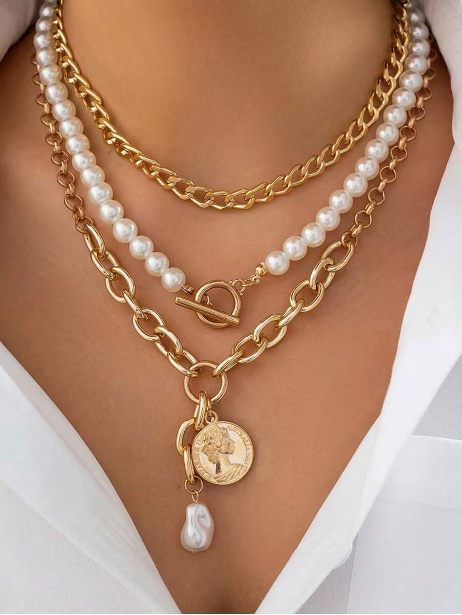 3-teiliges Set aus modischen Münz-Göttin-Anhängern, Herz-Anhänger-Kette, minimalistischer mehrlagiger Perlenchoker-Kette, geeignet für Party, Geschenk, Alltag